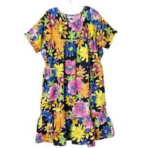 METROPOLITAN Black Mod Floral House Lounge Dress Muu Muu Caftan India Boho Large